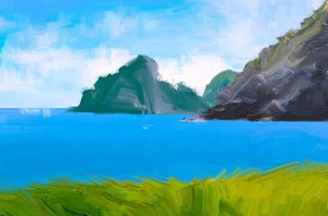 Ocean view. Wide brush painting. Hot summer. Tropical island. Digital art. Pacific atoll. 2d illustration. Blue water. © Jakub