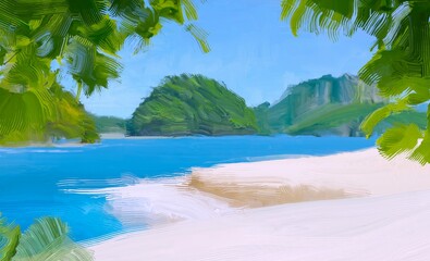 Ocean view. Wide brush painting. Hot summer. Tropical island. Digital art. Pacific atoll. 2d illustration. Blue water. © Jakub