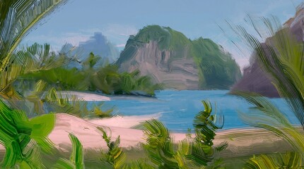 Ocean view. Wide brush painting. Hot summer. Tropical island. Digital art. Pacific atoll. 2d illustration. Blue water. © Jakub