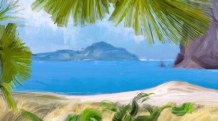 Ocean view. Wide brush painting. Hot summer. Tropical island. Digital art. Pacific atoll. 2d illustration. Blue water. © Jakub