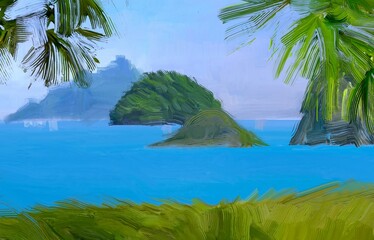 Ocean view. Wide brush painting. Hot summer. Tropical island. Digital art. Pacific atoll. 2d illustration. Blue water. © Jakub
