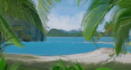 Ocean view. Wide brush painting. Hot summer. Tropical island. Digital art. Pacific atoll. 2d illustration. Blue water. © Jakub