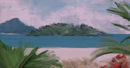 Ocean view. Wide brush painting. Hot summer. Tropical island. Digital art. Pacific atoll. 2d illustration. Blue water. © Jakub