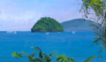 Ocean view. Wide brush painting. Hot summer. Tropical island. Digital art. Pacific atoll. 2d illustration. Blue water. © Jakub