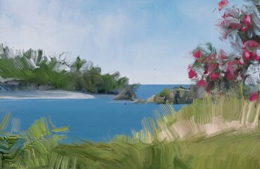 Ocean view. Wide brush painting. Hot summer. Tropical island. Digital art. Pacific atoll. 2d illustration. Blue water. © Jakub