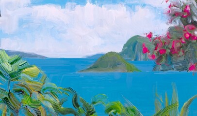 Ocean view. Wide brush painting. Hot summer. Tropical island. Digital art. Pacific atoll. 2d illustration. Blue water. © Jakub