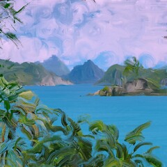 Ocean view. Wide brush painting. Hot summer. Tropical island. Digital art. Pacific atoll. 2d illustration. Blue water. © Jakub
