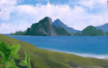 Ocean view. Wide brush painting. Hot summer. Tropical island. Digital art. Pacific atoll. 2d illustration. Blue water. © Jakub