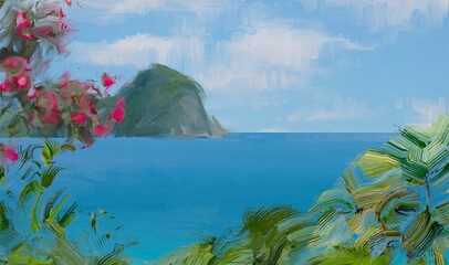 Ocean view. Wide brush painting. Hot summer. Tropical island. Digital art. Pacific atoll. 2d illustration. Blue water. © Jakub