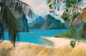 Ocean view. Wide brush painting. Hot summer. Tropical island. Digital art. Pacific atoll. 2d illustration. Blue water. © Jakub