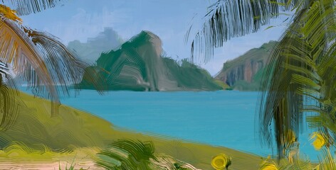 Ocean view. Wide brush painting. Hot summer. Tropical island. Digital art. Pacific atoll. 2d illustration. Blue water. © Jakub