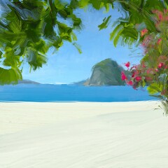Ocean view. Wide brush painting. Hot summer. Tropical island. Digital art. Pacific atoll. 2d illustration. Blue water. © Jakub