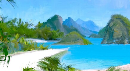 Ocean view. Wide brush painting. Hot summer. Tropical island. Digital art. Pacific atoll. 2d illustration. Blue water. © Jakub