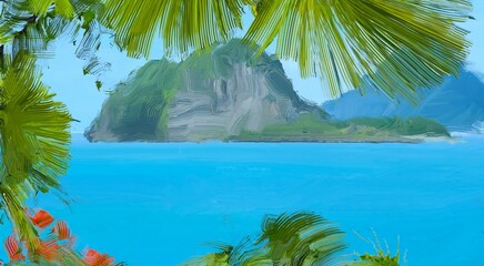 Ocean view. Wide brush painting. Hot summer. Tropical island. Digital art. Pacific atoll. 2d illustration. Blue water. © Jakub