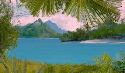 Ocean view. Wide brush painting. Hot summer. Tropical island. Digital art. Pacific atoll. 2d illustration. Blue water. © Jakub