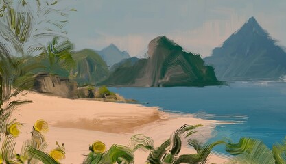 Ocean view. Wide brush painting. Hot summer. Tropical island. Digital art. Pacific atoll. 2d illustration. Blue water. © Jakub