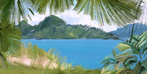Ocean view. Wide brush painting. Hot summer. Tropical island. Digital art. Pacific atoll. 2d illustration. Blue water. © Jakub