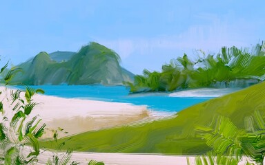 Ocean view. Wide brush painting. Hot summer. Tropical island. Digital art. Pacific atoll. 2d illustration. Blue water. © Jakub