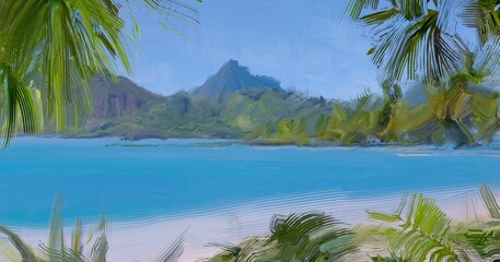 Ocean view. Wide brush painting. Hot summer. Tropical island. Digital art. Pacific atoll. 2d illustration. Blue water. © Jakub