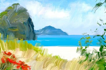 Ocean view. Wide brush painting. Hot summer. Tropical island. Digital art. Pacific atoll. 2d illustration. Blue water. - obrazy, fototapety, plakaty