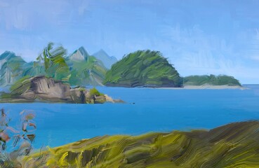 Ocean view. Wide brush painting. Hot summer. Tropical island. Digital art. Pacific atoll. 2d illustration. Blue water. © Jakub
