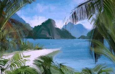 Ocean view. Wide brush painting. Hot summer. Tropical island. Digital art. Pacific atoll. 2d illustration. Blue water. © Jakub