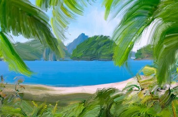 Ocean view. Wide brush painting. Hot summer. Tropical island. Digital art. Pacific atoll. 2d illustration. Blue water. © Jakub