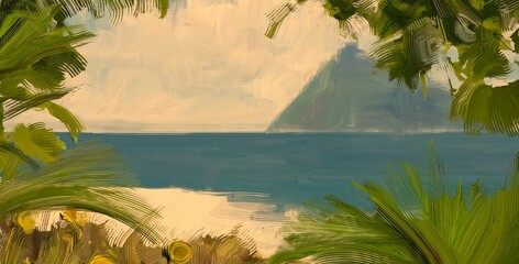 Ocean view. Wide brush painting. Hot summer. Tropical island. Digital art. Pacific atoll. 2d illustration. Blue water. © Jakub