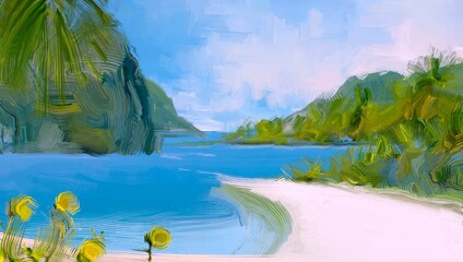 Ocean view. Wide brush painting. Hot summer. Tropical island. Digital art. Pacific atoll. 2d illustration. Blue water. © Jakub