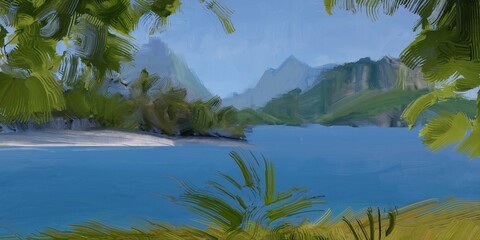 Ocean view. Wide brush painting. Hot summer. Tropical island. Digital art. Pacific atoll. 2d illustration. Blue water. © Jakub