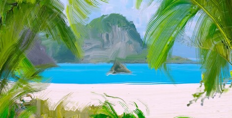 Ocean view. Wide brush painting. Hot summer. Tropical island. Digital art. Pacific atoll. 2d illustration. Blue water. © Jakub