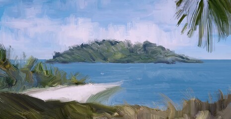Ocean view. Wide brush painting. Hot summer. Tropical island. Digital art. Pacific atoll. 2d illustration. Blue water. © Jakub