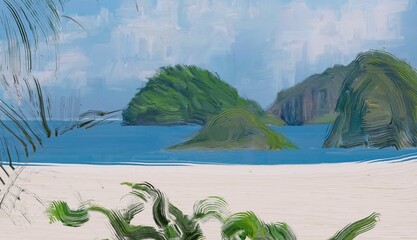 Ocean view. Wide brush painting. Hot summer. Tropical island. Digital art. Pacific atoll. 2d illustration. Blue water. © Jakub