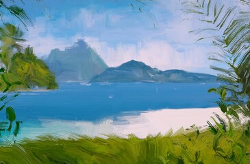 Ocean view. Wide brush painting. Hot summer. Tropical island. Digital art. Pacific atoll. 2d illustration. Blue water. © Jakub