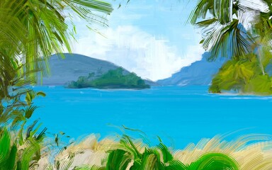 Ocean view. Wide brush painting. Hot summer. Tropical island. Digital art. Pacific atoll. 2d illustration. Blue water. © Jakub