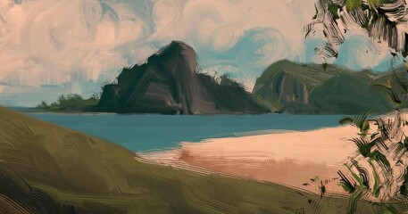 Ocean view. Wide brush painting. Hot summer. Tropical island. Digital art. Pacific atoll. 2d illustration. Blue water. © Jakub