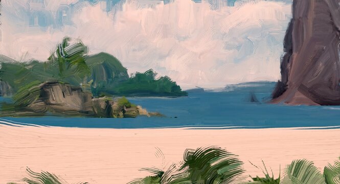 Ocean view. Wide brush painting. Hot summer. Tropical island. Digital art. Pacific atoll. 2d illustration. Blue water.