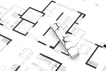 Fototapeta premium Construction housing project, real estate concept. Residential building blueprint plans, Architect engineer office desk, 3d rendering.