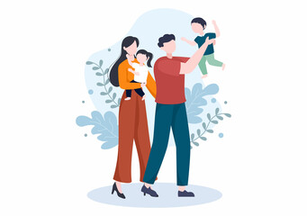 Fototapeta na wymiar Family Time of Joyful Parents and Children Spending Time Together at Home Doing Various Relaxing Activities in Cartoon Flat Illustration for Poster or Background
