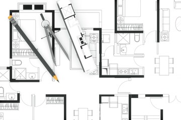 Construction housing project, real estate concept. Residential building blueprint plans, Architect engineer office desk, 3d rendering.