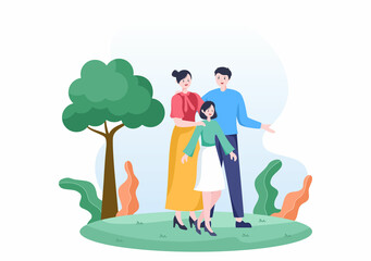 Family Time of Joyful Parents and Children Spending Time Together at Park Doing Various Relaxing Activities in Cartoon Flat Illustration for Poster or Background