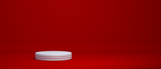 Round empty white stand for objects on a red background. 3d illustration