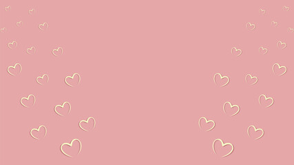 Happy Valentine's day greeting card. White hearts on pink background. Golden blank holiday poster. Concept for Valentine's banner, flyer, sale, party invitation. Vector illustration. Copy space.