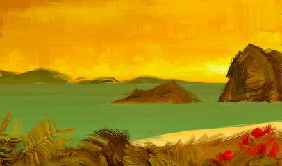 Tropical island. Sunset view. Warm summer evening. Pacific ocean. Seaside. 2d illustration. Digital painting. © Jakub