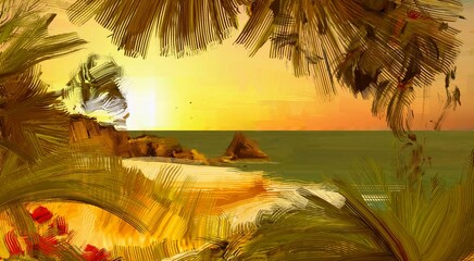 Tropical island. Sunset view. Warm summer evening. Pacific ocean. Seaside. 2d illustration. Digital painting. © Jakub