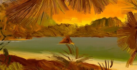 Tropical island. Sunset view. Warm summer evening. Pacific ocean. Seaside. 2d illustration. Digital painting. © Jakub