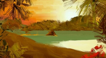 Tropical island. Sunset view. Warm summer evening. Pacific ocean. Seaside. 2d illustration. Digital painting. © Jakub