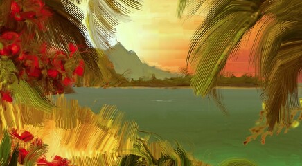 Tropical island. Sunset view. Warm summer evening. Pacific ocean. Seaside. 2d illustration. Digital painting. © Jakub