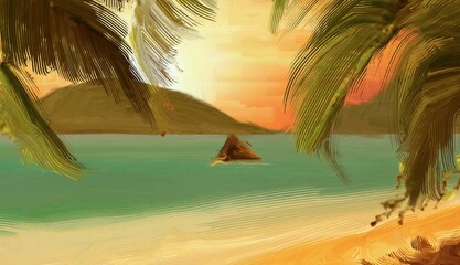 Tropical island. Sunset view. Warm summer evening. Pacific ocean. Seaside. 2d illustration. Digital painting. © Jakub