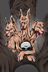 Three headed dog with skull vector illustration